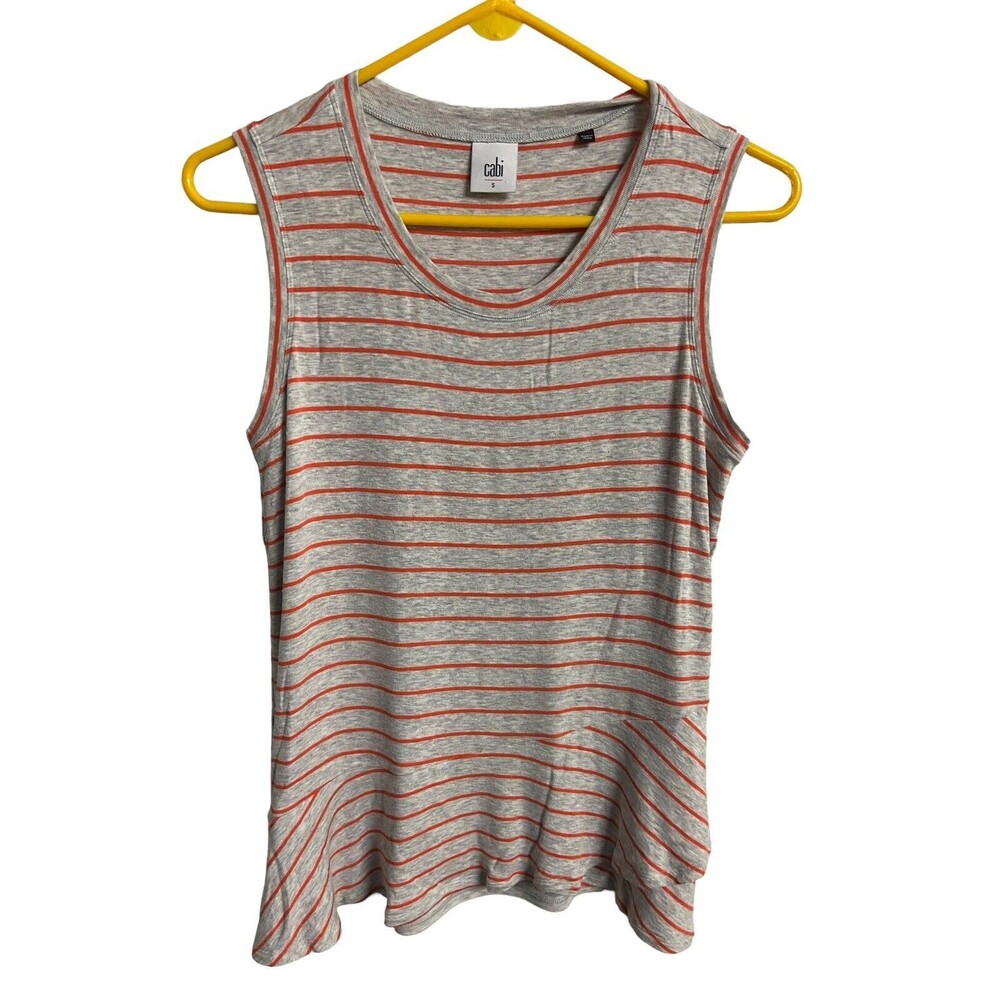 CAbi Tank Top Womens Size S Gray Coral Stripe Peplum Ruffle Tank Stretch